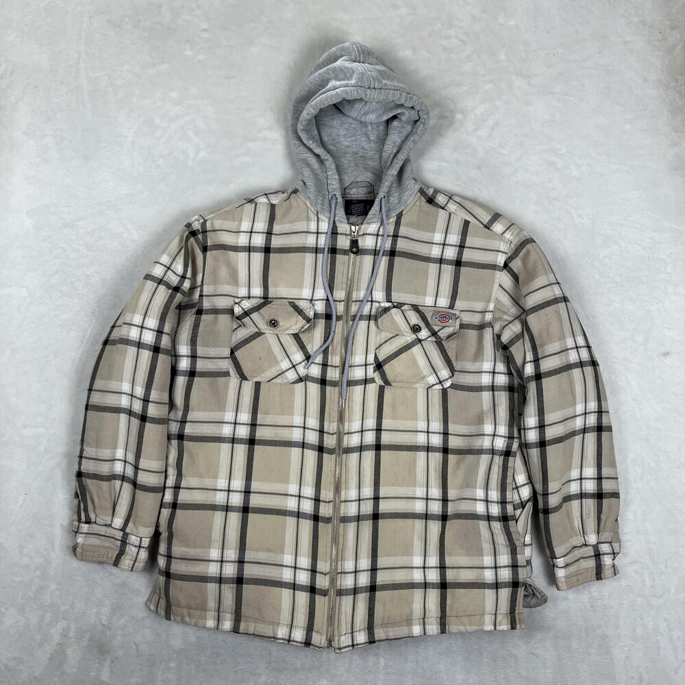 VTG Dickies Jacket Mens Medium Beige Plaid Hooded Quilted Lined Flannel Shacket